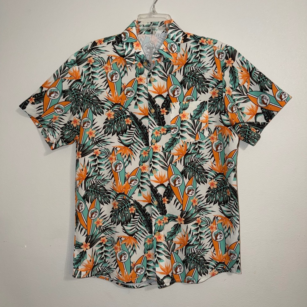 Buc-ee's‎ Mens Small Tropical Beaver Aloha Button Down Shirt Teal Orange
